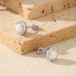 925 Sterling Silver Round Lab Opal Halo Stud Earrings 40700048