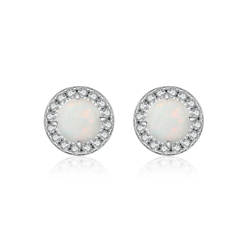925 Sterling Silver Round Lab Opal Halo Stud Earrings 40700048