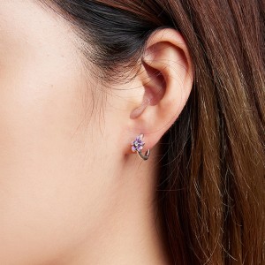 Violet Enamel Flower Zirconia Hoop Earrings 60200076