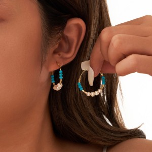 S925 Vintage Turquoise Pearl Hoop Earring 60200222