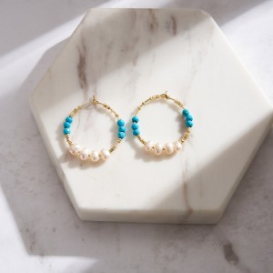 S925 Vintage Turquoise Pearl Hoop Earring 60200222