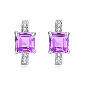 925 Sterling Silver Natural Square Gemstone Hoop Earrings 60200274
