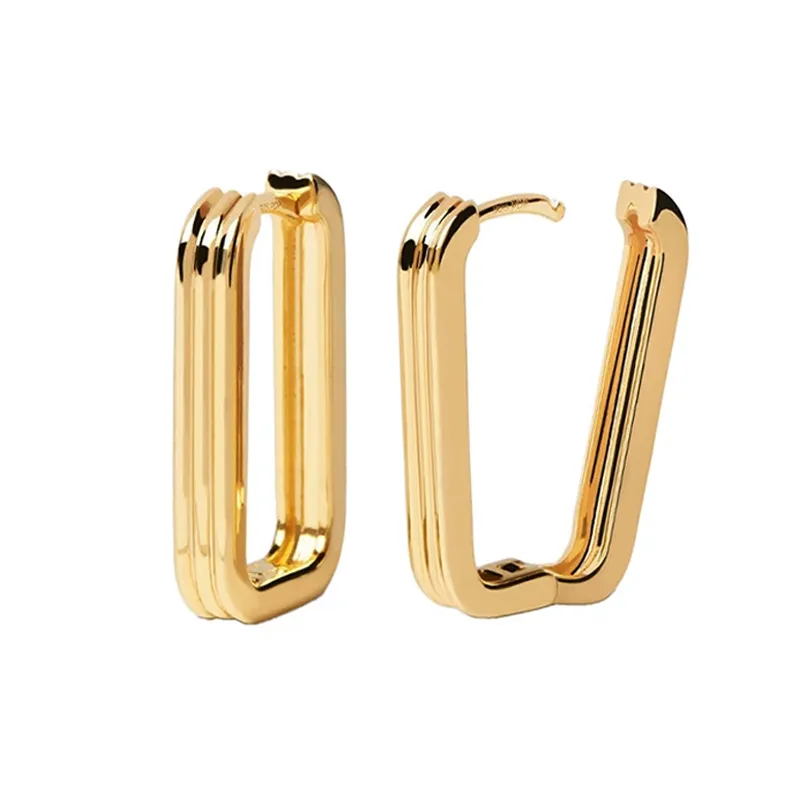 925 Sterling Silver Textured Ribbed Rectangular Geometric Hoop Earring 60200289