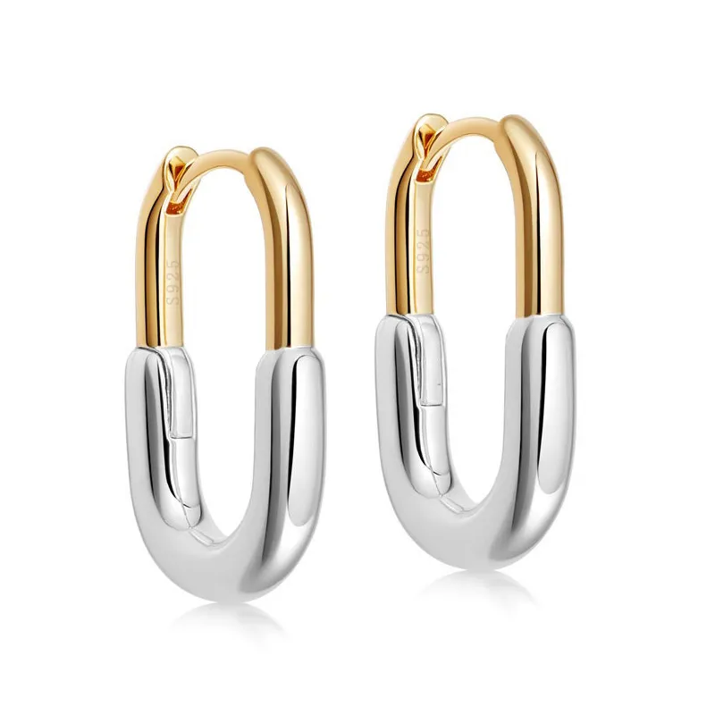 925 Sterling Silver Minimalist Two-Tone Geometric U-Huggie Hoop 60200290