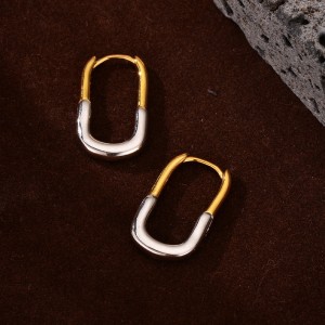 925 Sterling Silver Minimalist Two-Tone Geometric U-Huggie Hoop 60200290