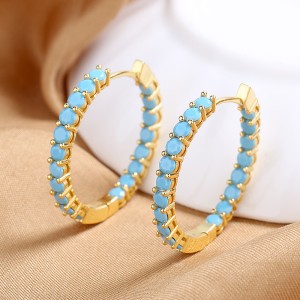 925 Sterling Silver Zirconia Turquoise Pave Hoop Earring 60200310