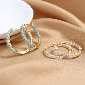 925 Sterling Silver Zirconia Turquoise Pave Hoop Earring 60200310