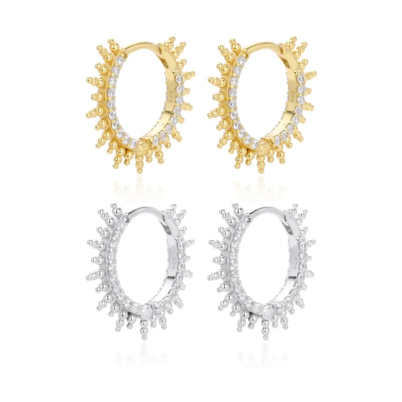 925 Sterling Silver Pave Sunburst Spiked Hoop Earrings 60200311