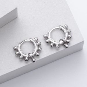 925 Sterling Silver Granulation Beaded Charm Hoop Earrings 60200317
