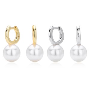 925 Sterling Silver Simple Pearl Drop Hoop Earrings 60200320