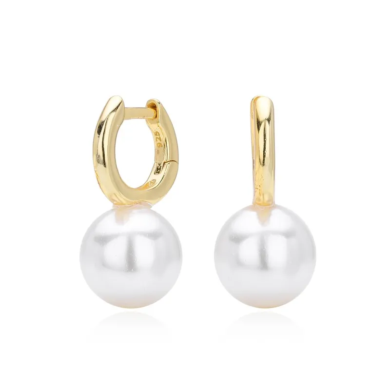 925 Sterling Silver Simple Pearl Drop Hoop Earrings 60200320