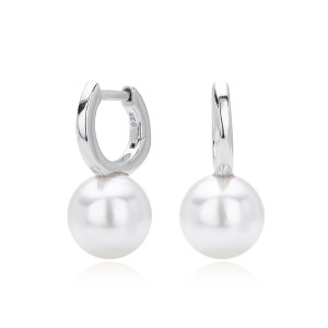 925 Sterling Silver Simple Pearl Drop Hoop Earrings 60200320
