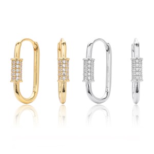 925 Sterling Silver Pave Accent Carabiner Hoop Earrings 60200321 925 Sterling Silver Pave Accent Carabiner Hoop Earrings 60200321