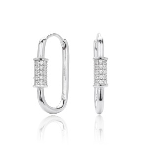 925 Sterling Silver Pave Accent Carabiner Hoop Earrings 60200321 925 Sterling Silver Pave Accent Carabiner Hoop Earrings 60200321
