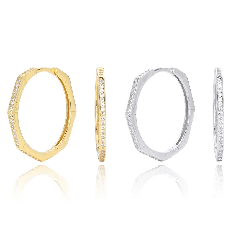 925 Sterling Silver Pave Polygonal Hoop Earrings 60200323
