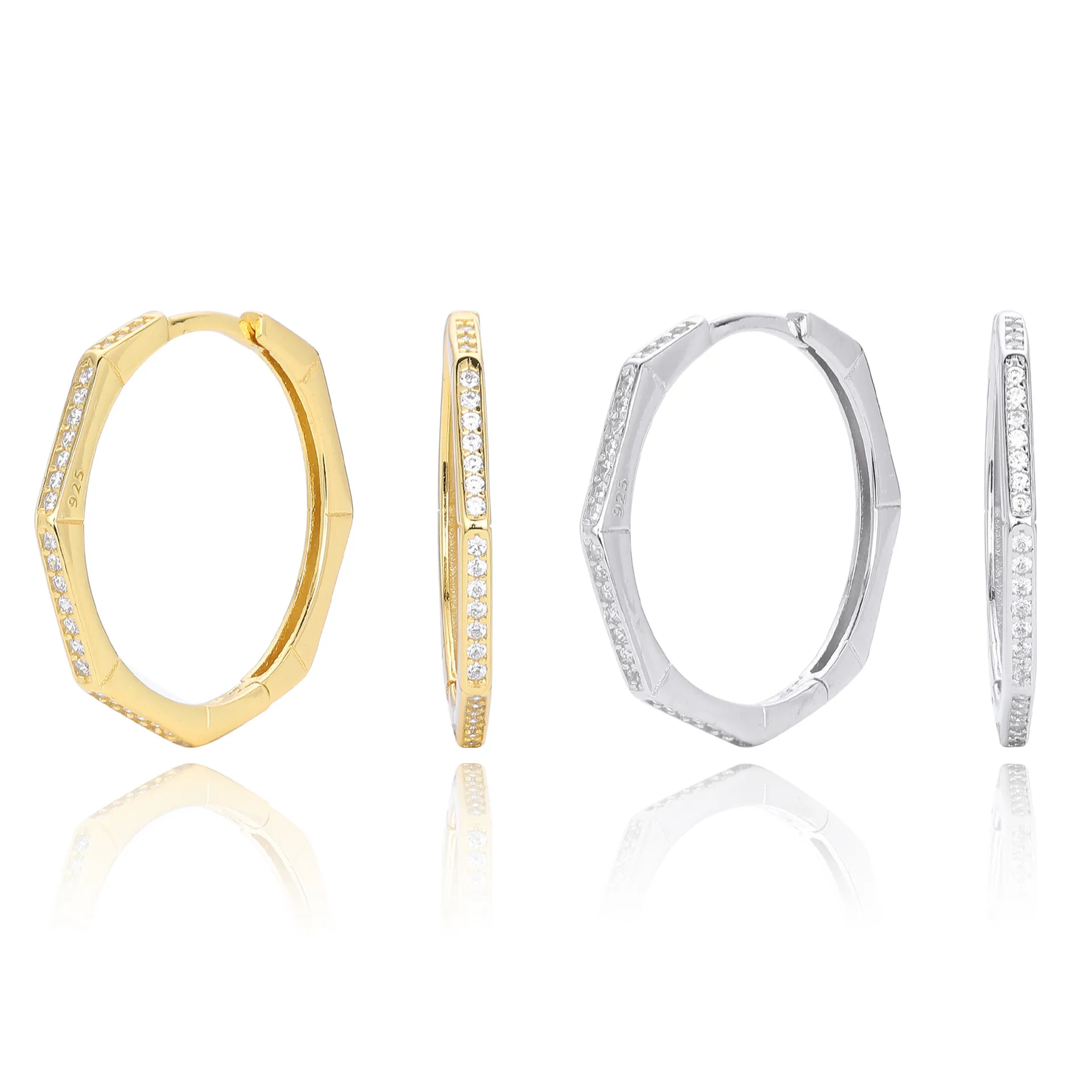 925 Sterling Silver Pave Polygonal Hoop Earrings 60200323