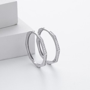 925 Sterling Silver Pave Polygonal Hoop Earrings 60200323