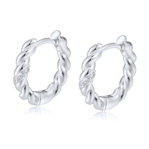 925 Sterling Silver Twisted Cable Pave Huggie Earrings 60200329