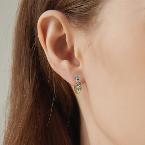 925 Sterling Silver Geometric Baguette Blue Spinel Huggie Earrings 60200335