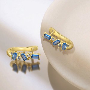 925 Sterling Silver Geometric Baguette Blue Spinel Huggie Earrings 60200335