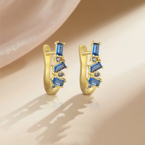 925 Sterling Silver Geometric Baguette Blue Spinel Huggie Earrings 60200335