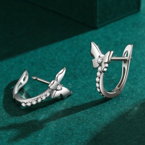 925 Sterling Silver Butterfly CZ Huggie Hoop Earring 60200337