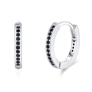 925 Sterling Silver Minimalist Black CZ Hoop Earring 60200339