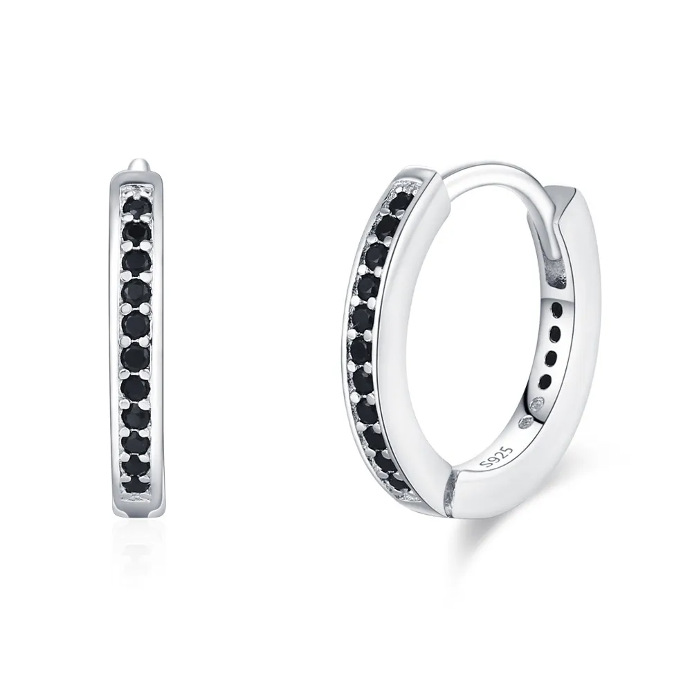 925 Sterling Silver Minimalist Black CZ Hoop Earring 60200339
