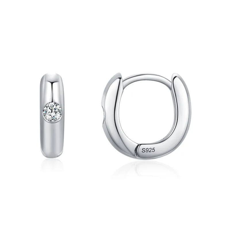 925 Sterling Silver Minimalist Geometric Zircon Hoop Earring 60200342