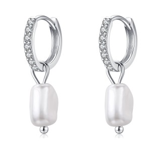 Classic Pearl Beads Zirconia Charm Hoop Earrings 60300159