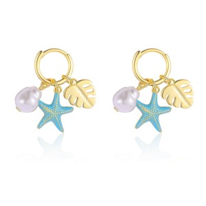 925 Sterling Silver Leaf Sea Star Pearl Hoop Earring 60300172
