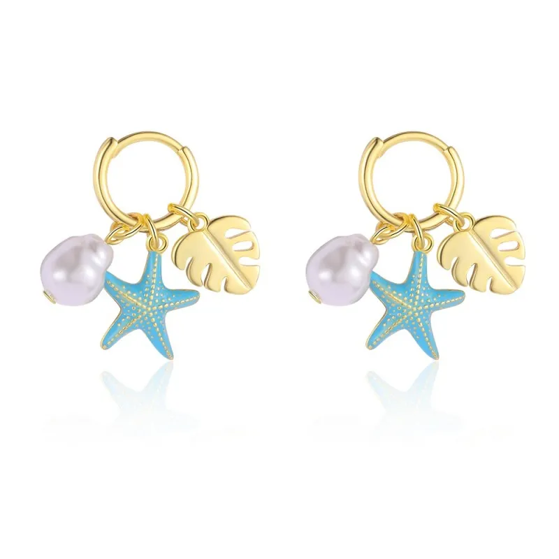 925 Sterling Silver Leaf Sea Star Pearl Hoop Earring 60300172