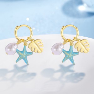 925 Sterling Silver Leaf Sea Star Pearl Hoop Earring 60300172