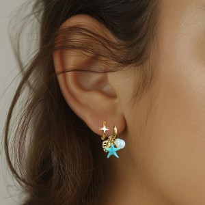 925 Sterling Silver Leaf Sea Star Pearl Hoop Earring 60300172