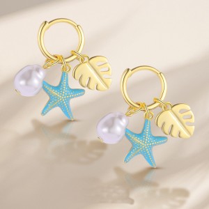 925 Sterling Silver Leaf Sea Star Pearl Hoop Earring 60300172