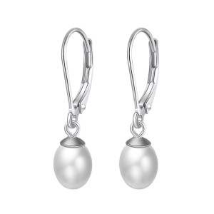 925 Sterling Silver Fresh Water Peal Dangle Hoop Earring 60300178
