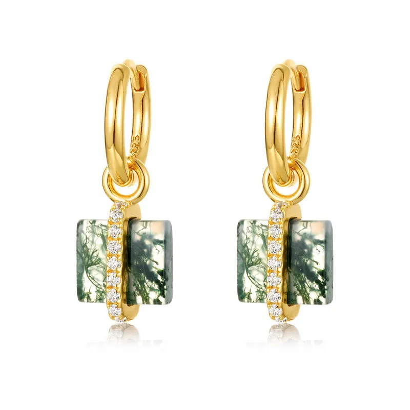 925 Sterling Silver Square Moss Agate Earrings 60300180
