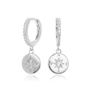 925 Sterling Silver Compass Star Hoop Earring 60300185
