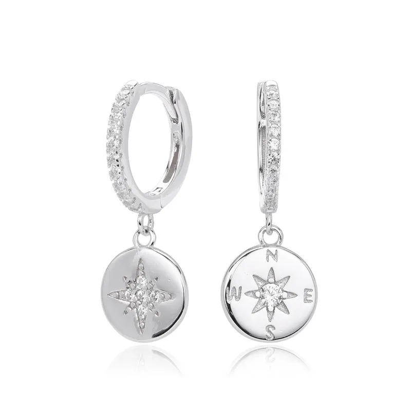 925 Sterling Silver Compass Star Hoop Earring 60300185