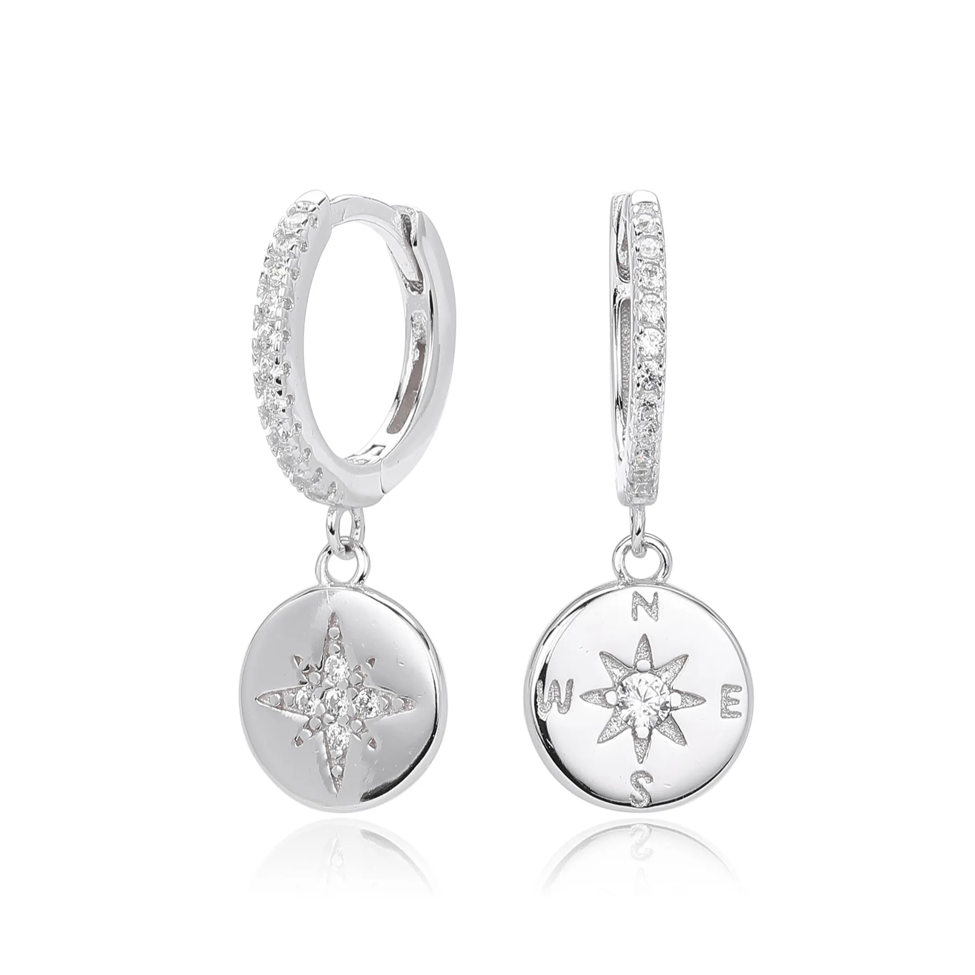 925 Sterling Silver Compass Star Hoop Earring 60300185