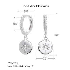 925 Sterling Silver Compass Star Hoop Earring 60300185