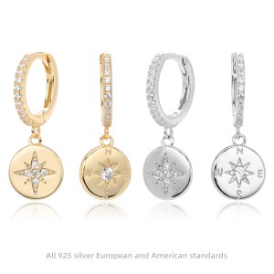925 Sterling Silver Compass Star Hoop Earring 60300185