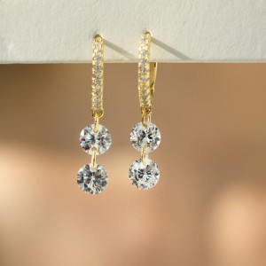 925 Sterling Silver 5mm Double Zircon Drop Hoop Earring 60300193