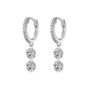 925 Sterling Silver 5mm Double Zircon Drop Hoop Earring 60300193