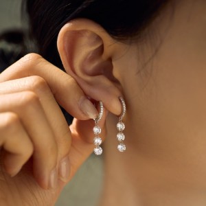 925 Sterling Silver 5mm Triple Zircon Drop Hoop Earring 60300194