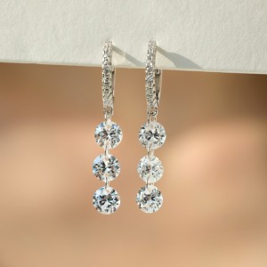 925 Sterling Silver 5mm Triple Zircon Drop Hoop Earring 60300194