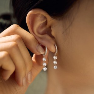 925 Sterling Silver 5mm Triple Zircon Drop Hoop Earring 60300194