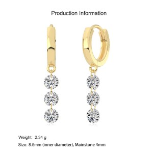 925 Sterling Silver 4mm Triple Zircon Hoop Earring 60300195