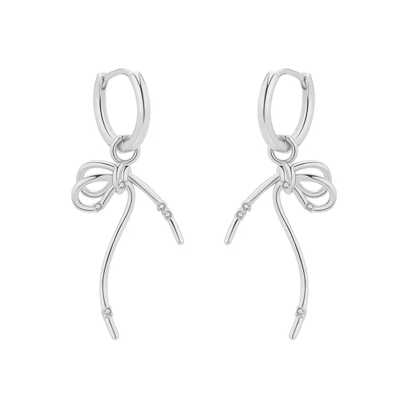 925 Sterling Silver Zirconia Bow Drop Hoop Earring 60300209
