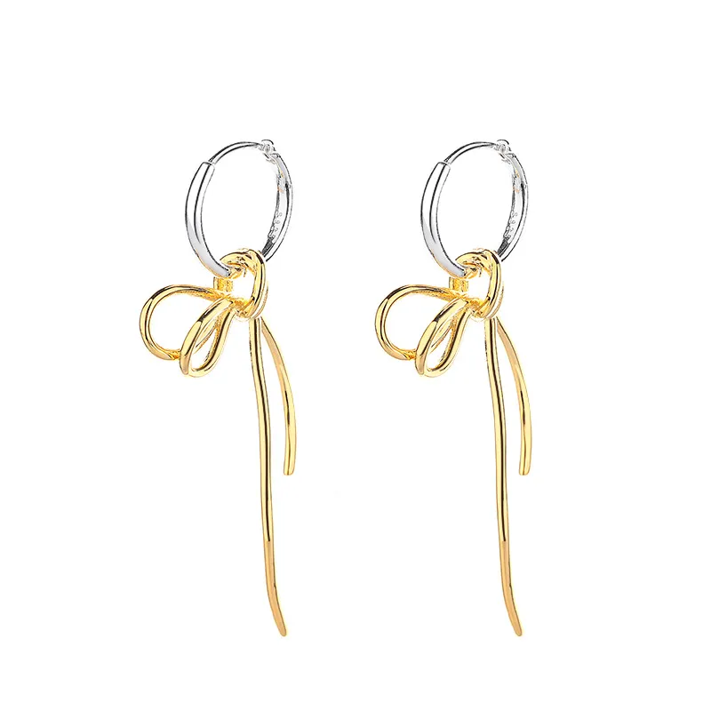 925 Sterling Silver Two-Tone Bow Drop Hoop Earring 60300210